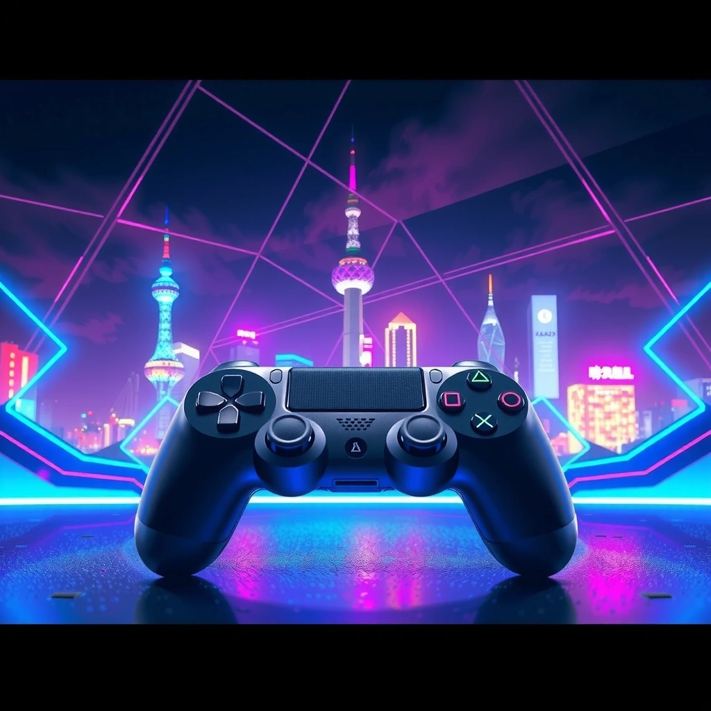 Korean tech-futuristic gaming studio background